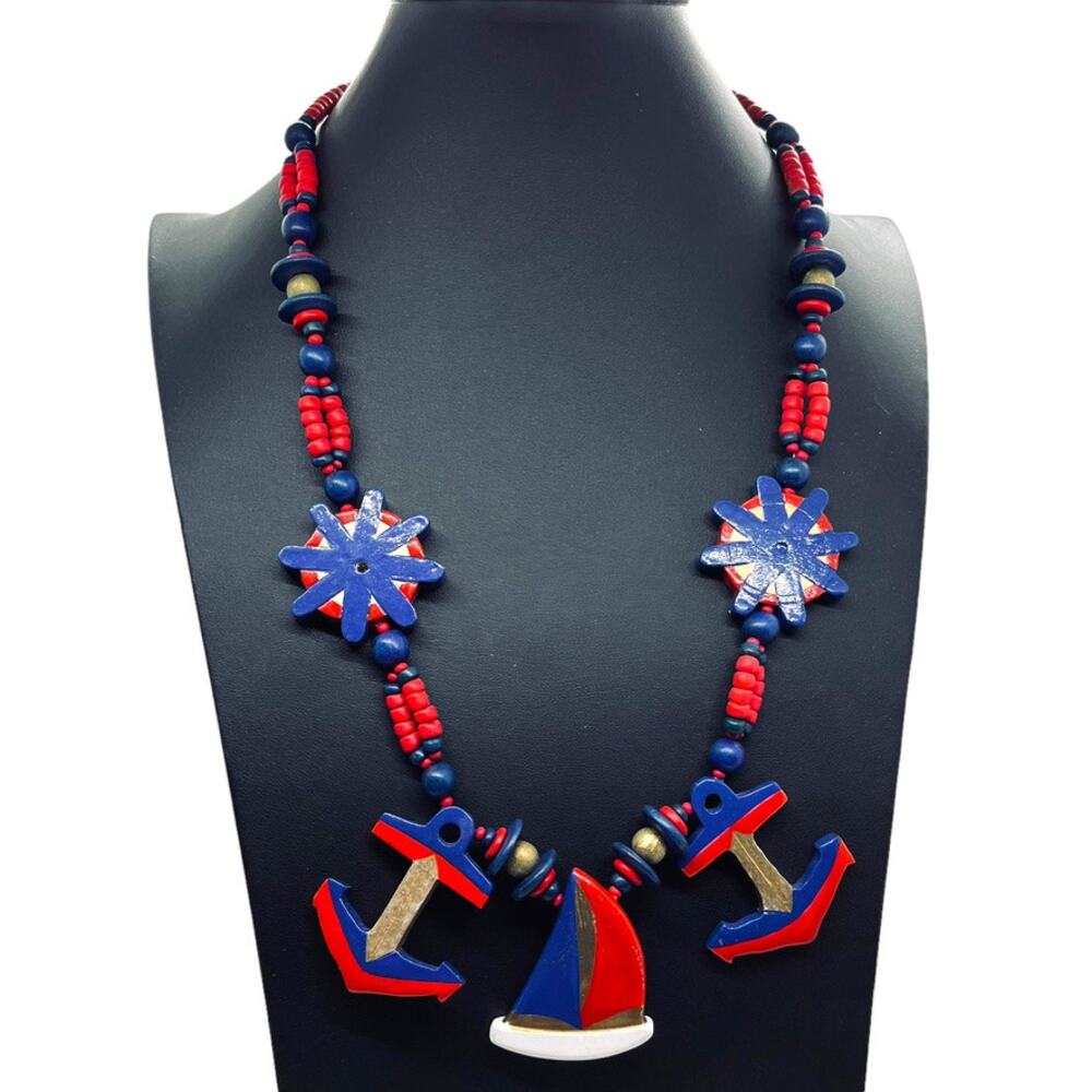 Nautical Wood Necklace Women's Red White Blue Vintage 80s Hook Close Retro Chic